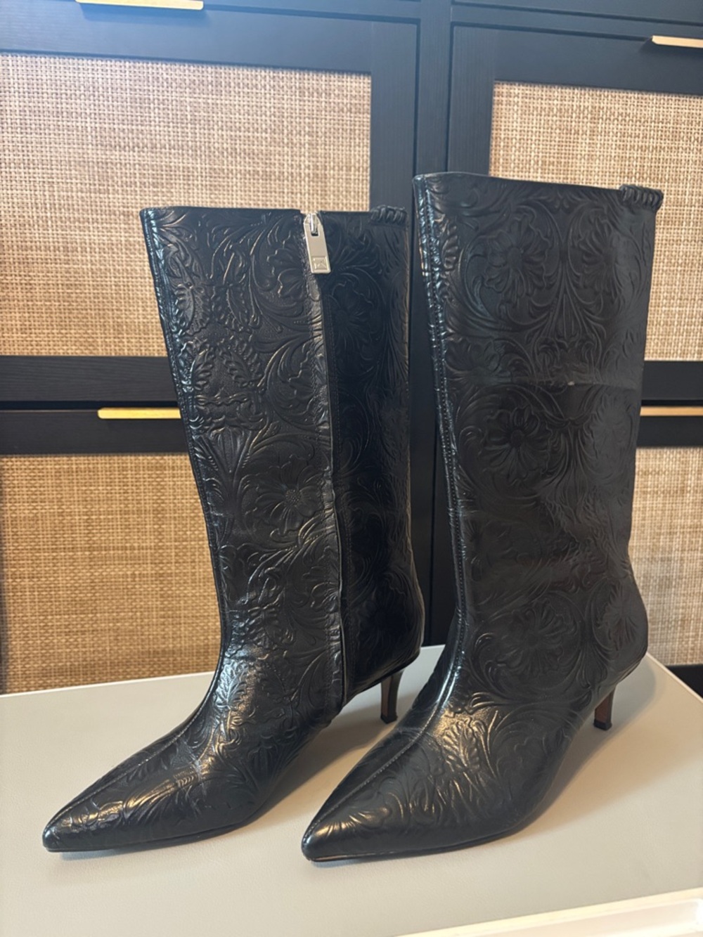 SARTO By Franco Sarto Black Embossed Pointed-Toe Mid-Calf Heeled Boots